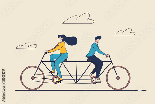 Business conflict, controversy or disagreement causing problem and failure concept, businessman and businesswoman colleagues or working team trying hard riding bicycle in opposite direction.
