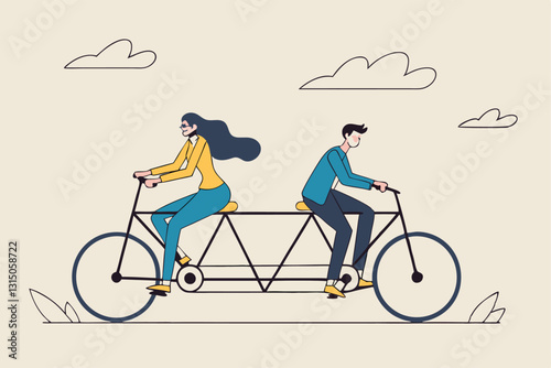 Business conflict, controversy or disagreement causing problem and failure concept, businessman and businesswoman colleagues or working team trying hard riding bicycle in opposite direction.