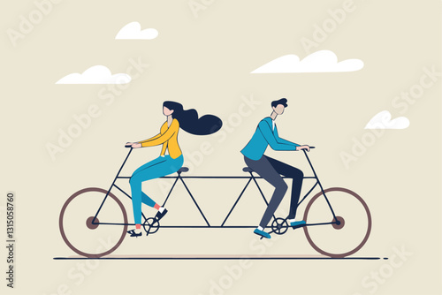 Business conflict, controversy or disagreement causing problem and failure concept, businessman and businesswoman colleagues or working team trying hard riding bicycle in opposite direction.