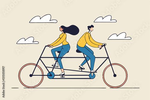 Business conflict, controversy or disagreement causing problem and failure concept, businessman and businesswoman colleagues or working team trying hard riding bicycle in opposite direction.