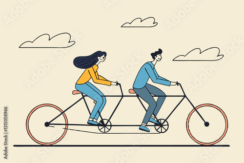 Business conflict, controversy or disagreement causing problem and failure concept, businessman and businesswoman colleagues or working team trying hard riding bicycle in opposite direction.