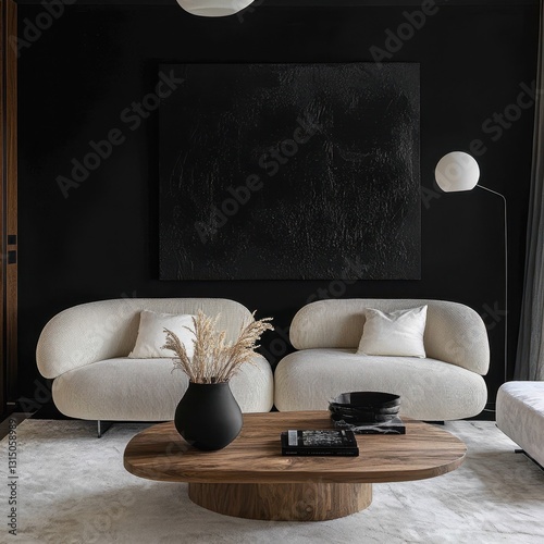 Modern black minimalist living room with two white chairs photo