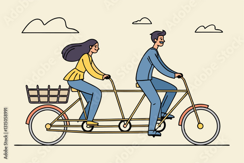 Business conflict, controversy or disagreement causing problem and failure concept, businessman and businesswoman colleagues or working team trying hard riding bicycle in opposite direction.