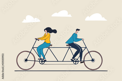Business conflict, controversy or disagreement causing problem and failure concept, businessman and businesswoman colleagues or working team trying hard riding bicycle in opposite direction.