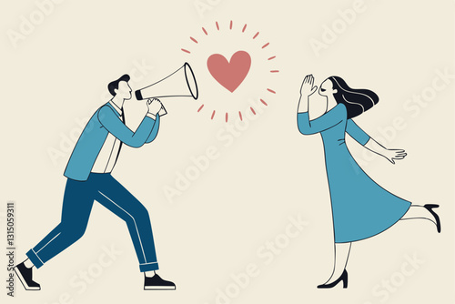 Social distancing valentine, lover couple telling I love you by keeping distance away due to COVID-19 Coronavirus concept, lovely boyfriend and girlfriend speak through megaphone with love heart shape