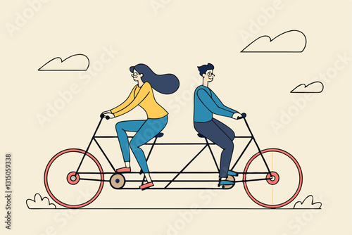 Business conflict, controversy or disagreement causing problem and failure concept, businessman and businesswoman colleagues or working team trying hard riding bicycle in opposite direction.