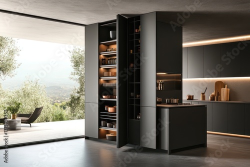 A modern kitchen with space-efficient storage, including a vertical storage system and hidden cabinetry