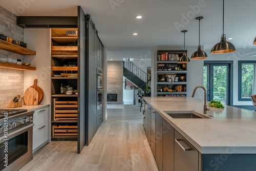 A modern kitchen with space-efficient storage, including a vertical storage system and hidden cabinetry
