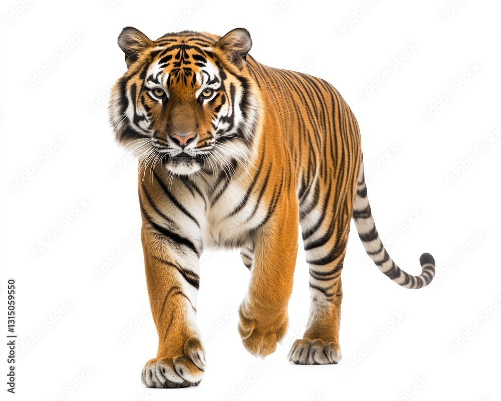 Obraz premium Majestic Tiger Striding Forward, Front View of a Big Cat on a Crisp White Background