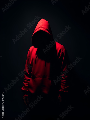 A menacing figure in a red hoodie lurks in the shadows, casting a long, ominous silhouette on the