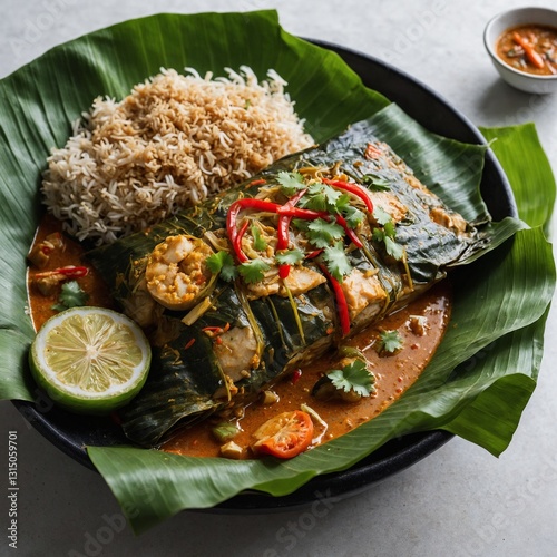 A Cambodian amok fish curry steamed in banana leaves on white background 