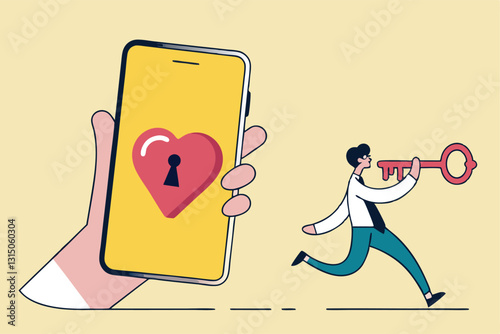Dating apps, online dating using internet and social media to find romantic relationship concept, young adult millennial boy holding lovely key running to smart phone app with heart shape and keyhole.