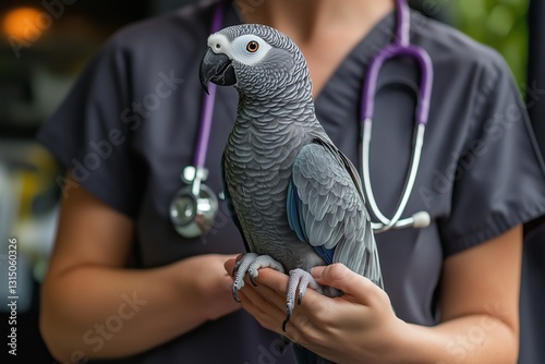 A dedicated veterinarian gently holds a grey parrot, reflecting compassionate care for exotic pets, ensuring their health and wellbeing through knowledgeable support and attentive care