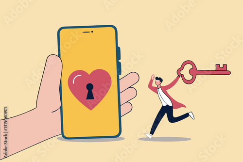 Dating apps, online dating using internet and social media to find romantic relationship concept, young adult millennial boy holding lovely key running to smart phone app with heart shape and keyhole.