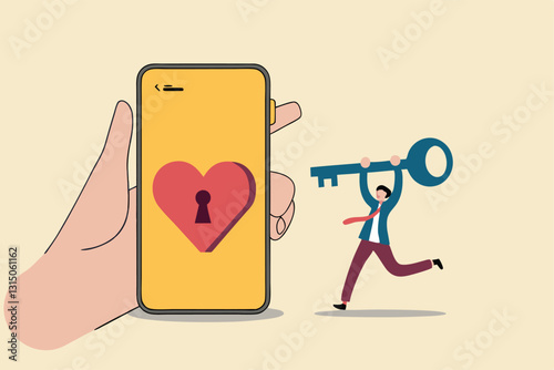 Dating apps, online dating using internet and social media to find romantic relationship concept, young adult millennial boy holding lovely key running to smart phone app with heart shape and keyhole.