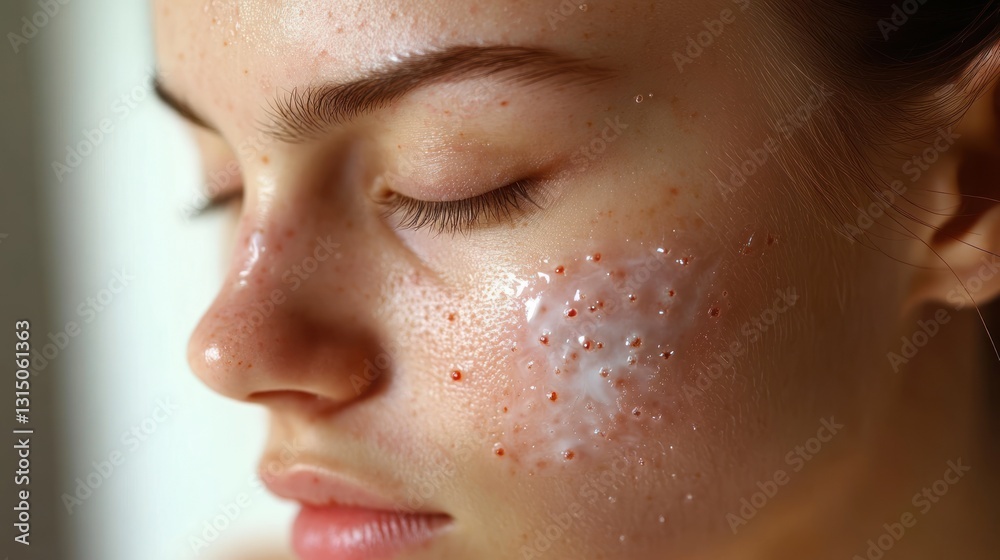 Fototapeta premium Close-up of young woman's face with acne and applied cream.