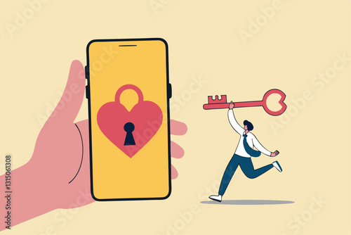 Dating apps, online dating using internet and social media to find romantic relationship concept, young adult millennial boy holding lovely key running to smart phone app with heart shape and keyhole.