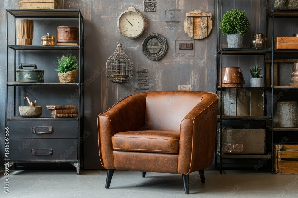 Brown leather armchair in industrial-style room. Brown leather armchair in industrial-style room.