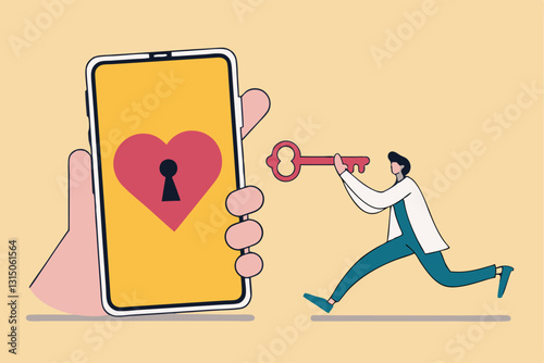 Dating apps, online dating using internet and social media to find romantic relationship concept, young adult millennial boy holding lovely key running to smart phone app with heart shape and keyhole.