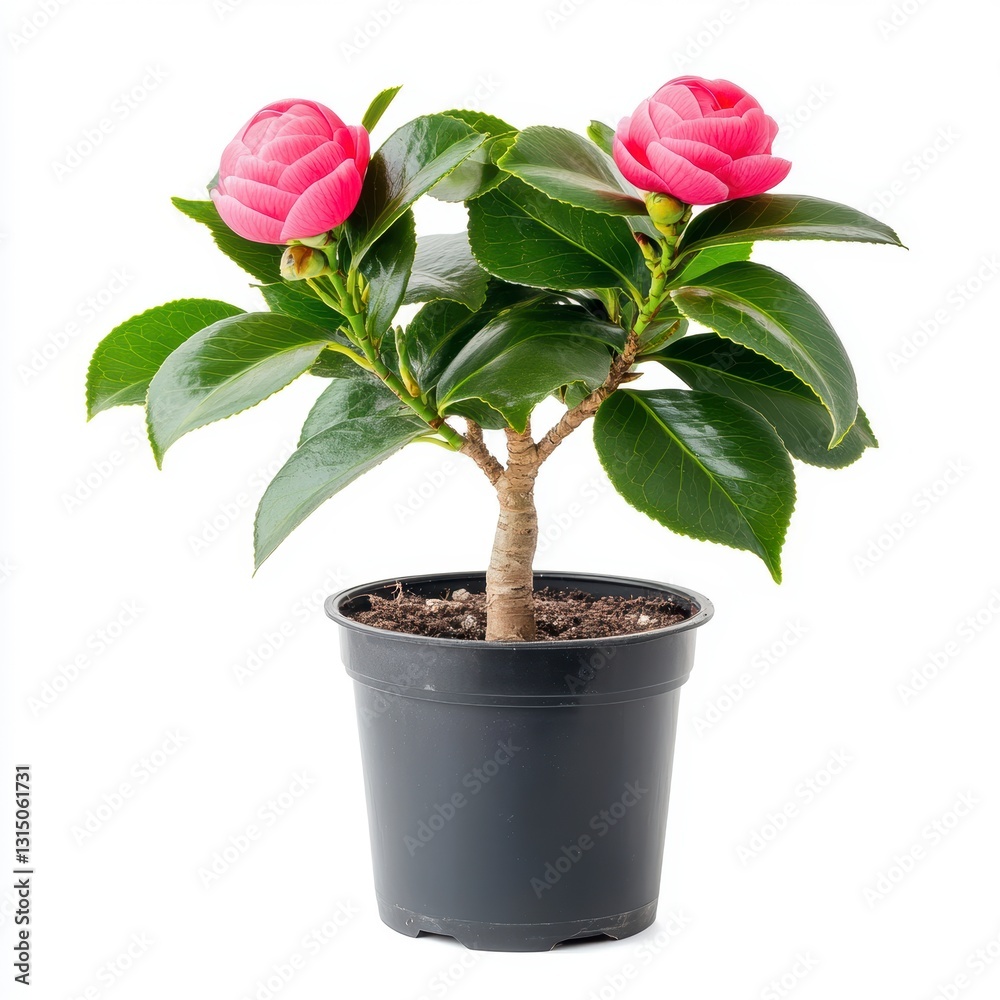 Obraz premium Pink Camellia Blossoms in a Black Pot Against White Background