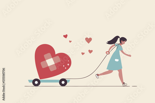 Move on or forget and forgive, open for new relationship, heal or cured from heart broken or divorce and relationship problem concept, happy woman walking with bandage repaired heart shape.
