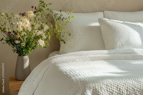 A neatly arranged guest bedroom with a clean, white bedspread and fresh flowers in a stylish vase by the bed