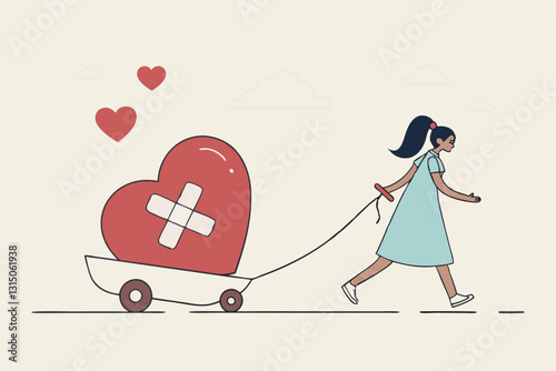 Move on or forget and forgive, open for new relationship, heal or cured from heart broken or divorce and relationship problem concept, happy woman walking with bandage repaired heart shape.