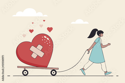Move on or forget and forgive, open for new relationship, heal or cured from heart broken or divorce and relationship problem concept, happy woman walking with bandage repaired heart shape.