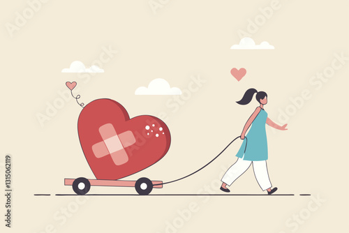Move on or forget and forgive, open for new relationship, heal or cured from heart broken or divorce and relationship problem concept, happy woman walking with bandage repaired heart shape.