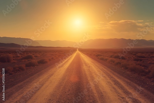A serene desert road stretches toward a glowing sunset, evoking a sense of adventure.