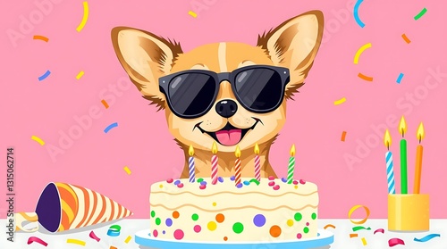 A Cool Chihuahua Celebrates Its Birthday With A Colorful Cake, Party Hat, And Confetti, Vibrant Pink Background