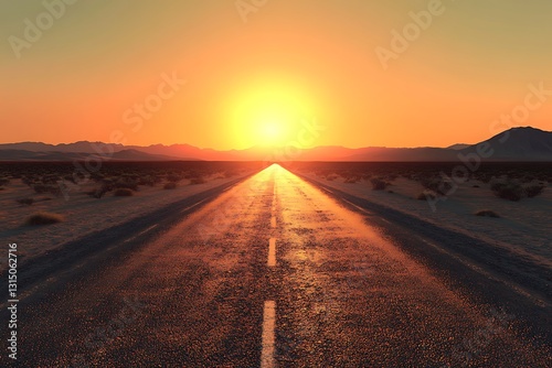 A serene road stretches towards a sunset, highlighting a tranquil desert landscape.