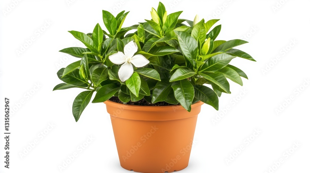 Potted Gardenia Plant with White Flower and Green Leaves Potted Gardenia Plant with White Flower and Green Leaves