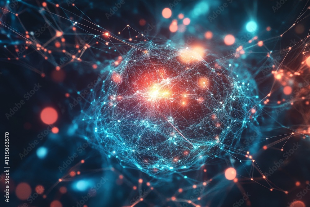 Obraz premium This abstract image showcases vibrant energy bursts within a digital network, symbolizing AI learning and technological innovation. Perfect for modern science themes.