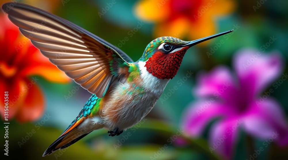 Fototapeta premium Hummingbird in Flight: A vibrant hummingbird, its iridescent green feathers and long, slender beak, hovers mid-air, wings a blur of motion.
