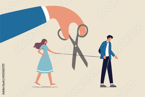 Divorced couple, separation of broken marriage end of relationship concept, hand using scissors to cut rope to rip apart couple, troubles man and woman with sadness emotion.