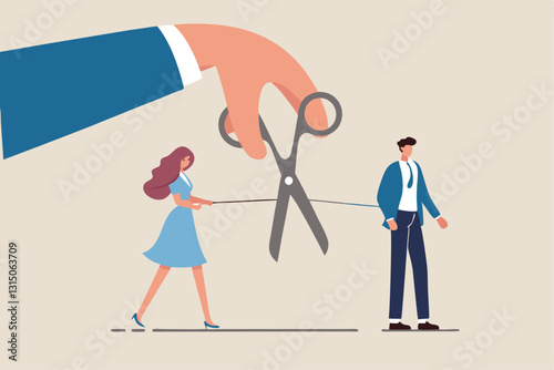 Divorced couple, separation of broken marriage end of relationship concept, hand using scissors to cut rope to rip apart couple, troubles man and woman with sadness emotion.
