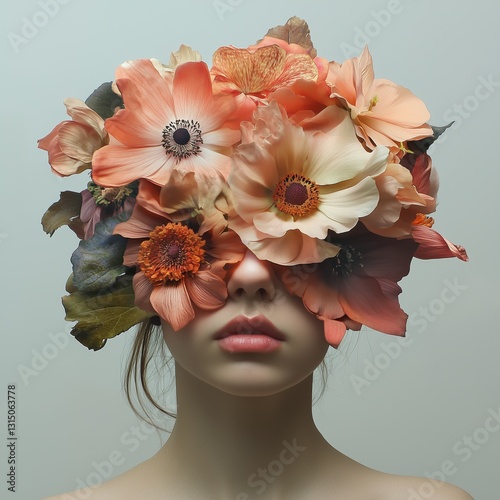 Floral Adornment: A face obscured by peach-toned blooms blending human form with nature's artistry in a surreal floral portrait