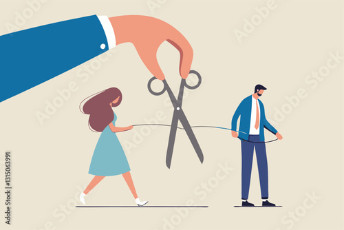 Divorced couple, separation of broken marriage end of relationship concept, hand using scissors to cut rope to rip apart couple, troubles man and woman with sadness emotion.