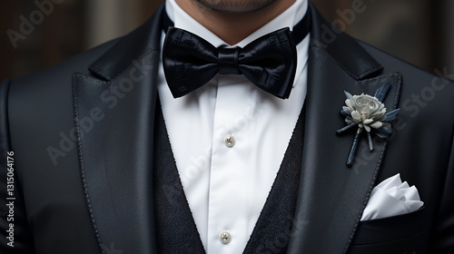 Elegant man wearing black tie suit with white shirt and silk bow tie and white handkerchief or pocket square, sartorial accessories for formal attire, a classy groom or a sophisticated business person