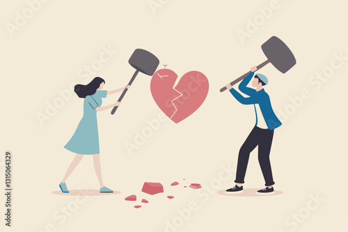 Marriage difficulties problem, divorce or violence or painful in broken relationship couple concept, angry couple husband and wife using big hammer to hit broken heart shape metaphor of family problem
