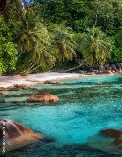 oculto en el corazón de una isla tropical, donde el verde follaje se entrelaza con las aguas cristalinas, creando una unión armoniosa entre la tierra y el mar, evocando una sensación de paraíso, reali