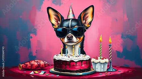 A Cool Chihuahua Celebrating His Birthday With A Decadent Chocolate Cake And Festive Candles, Vibrant Pink Background And Playful Brushstrokes