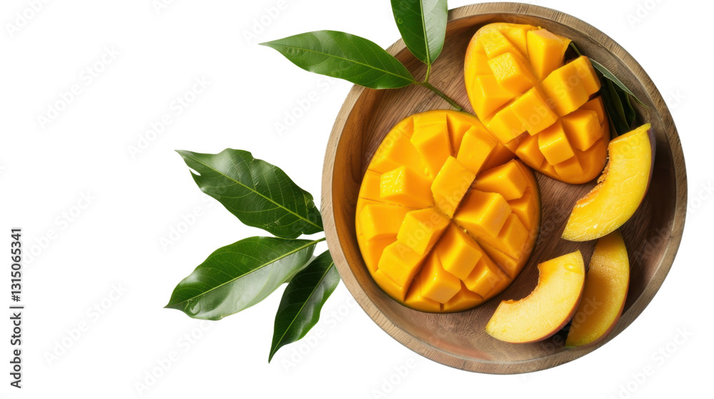 Fresh mango cut and sliced on wooden plate with transparent background Fresh mango cut and sliced on wooden plate with transparent background