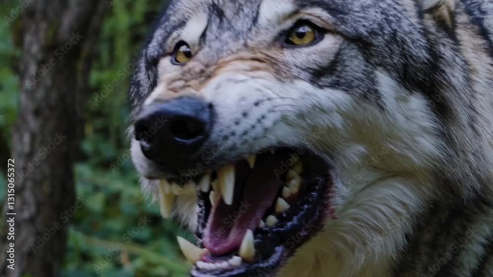 Close-up side view of a snarling wolf in a forest, showcasing its fierce expression. Captured in a dynamic, intense style, suitable for a wildlife video.