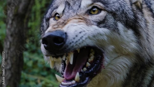 Close-up side view of a snarling wolf in a forest, showcasing its fierce expression. Captured in a dynamic, intense style, suitable for a wildlife video.