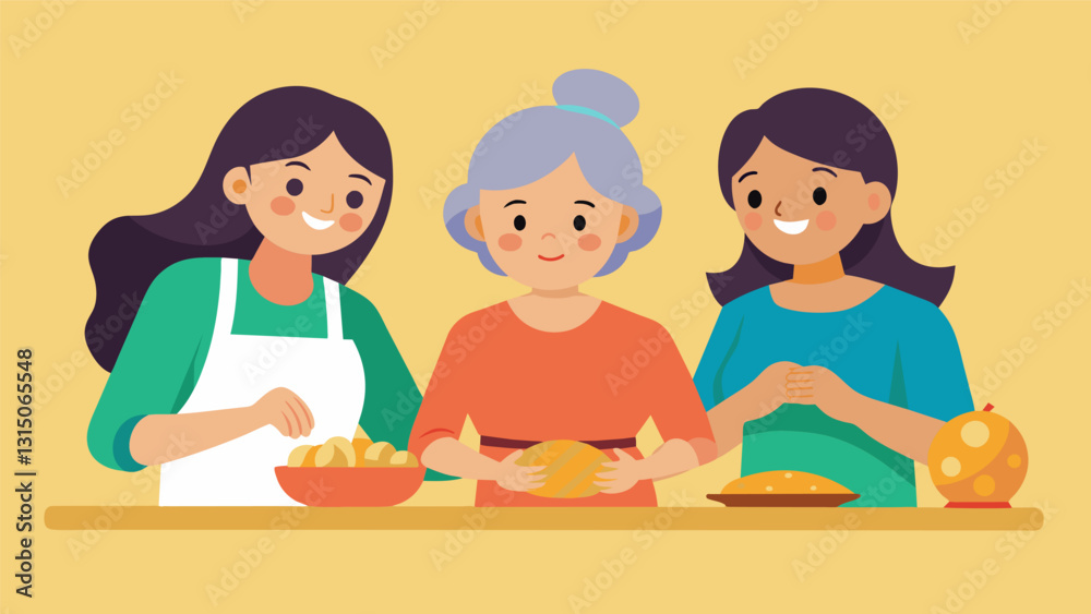 Three generations of women working side by side sharing stories and secrets while they create the perfect dough for their famous Central American empanadas.. Vector illustration Three generations of women working side by side sharing stories and secrets while they create the perfect dough for their famous Central American empanadas.. Vector illustration