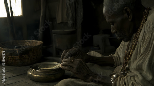 Wallpaper Mural Elderly artisan meticulously crafting jewelry inside rustic African hut.  Use Documentary, cultural heritage Torontodigital.ca