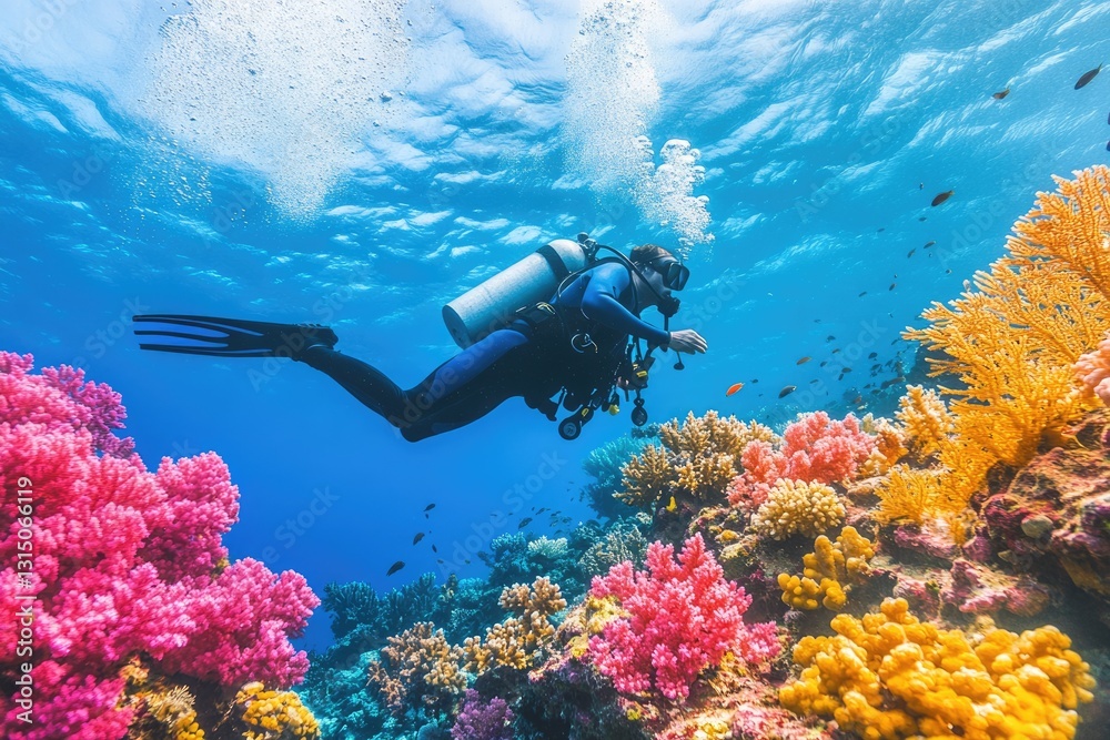 Scuba Diver Exploring Vibrant Underwater Coral Reef Full of Colorful Marine Life Scuba Diver Exploring Vibrant Underwater Coral Reef Full of Colorful Marine Life