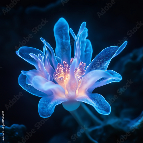 A bioluminescent alien flower with translucent petals, softly glowing in the dark